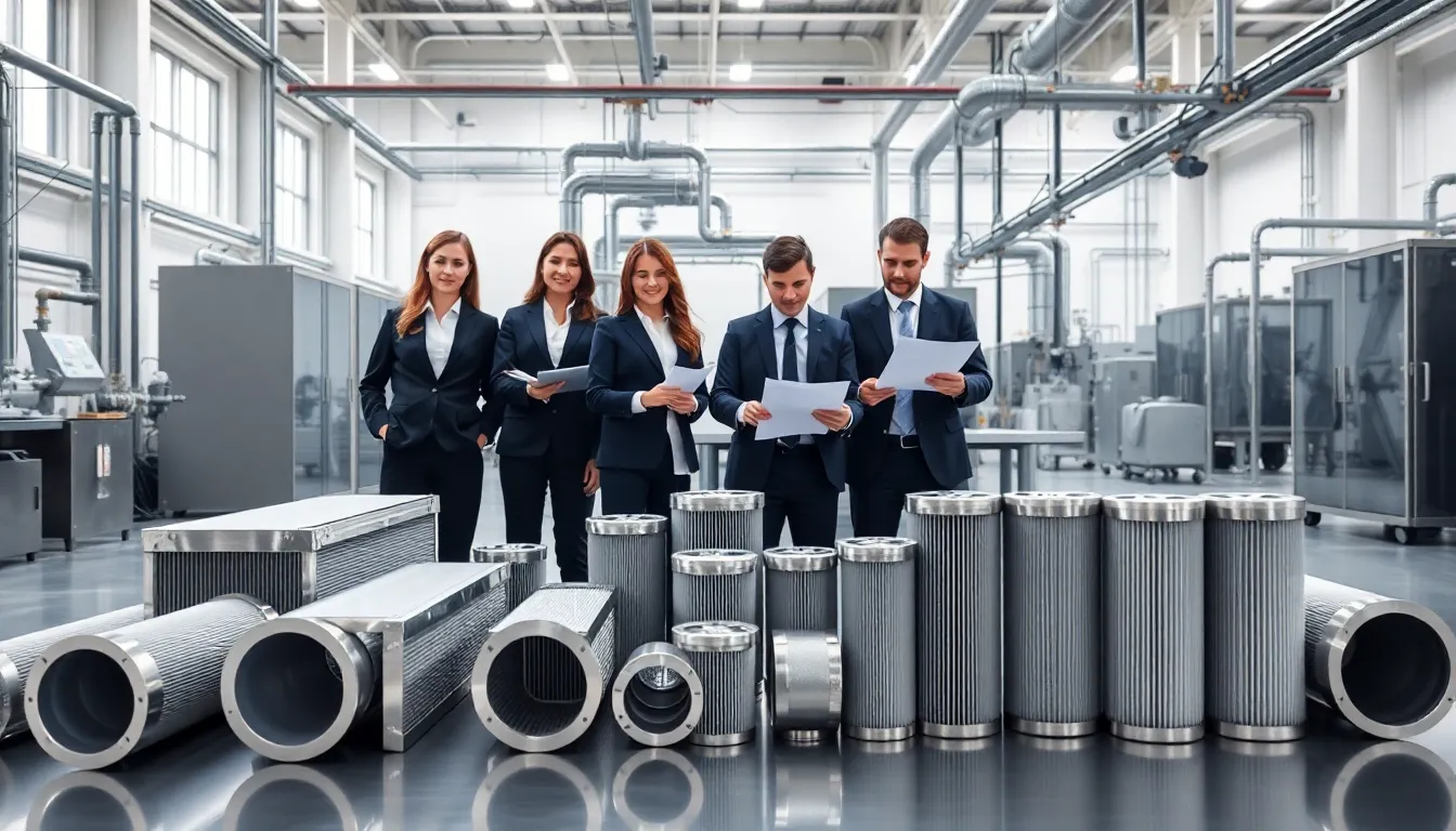 engineers in a modern factory showcasing stainless steel pleated filter cartridges