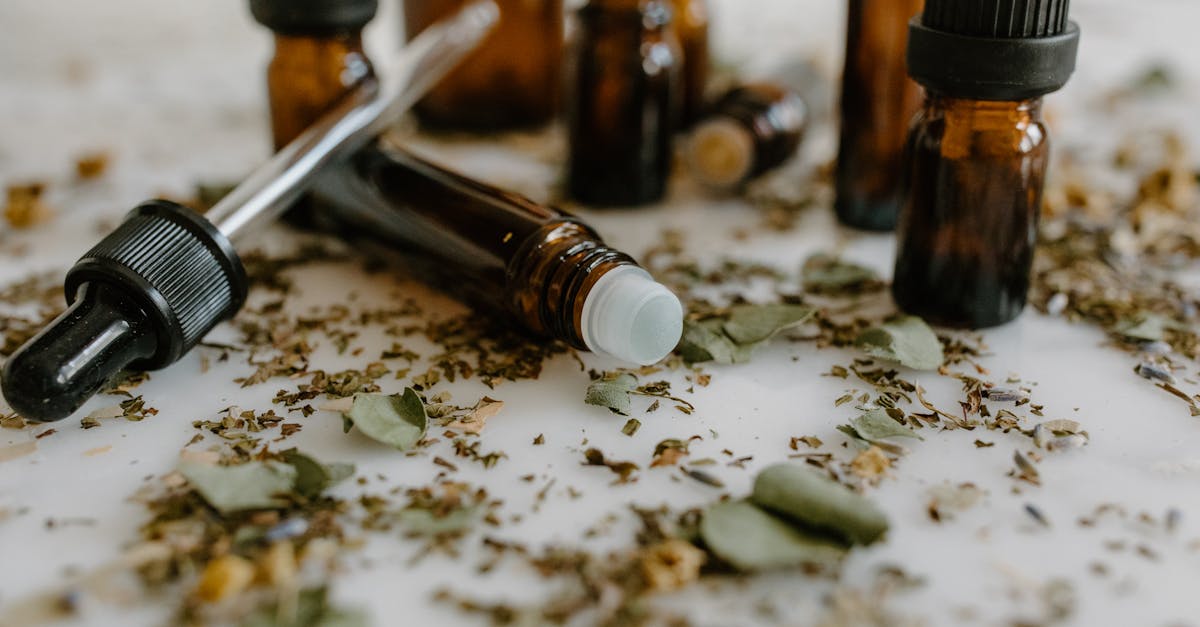 aromatic essential oils in glass bottles surrounded by natural dried herbs